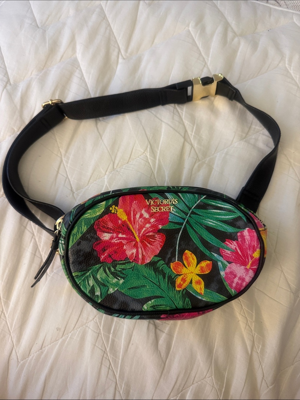 Victoria's Secret Black Tropical Floral Crossbody Belt Bag with Gold Hardware